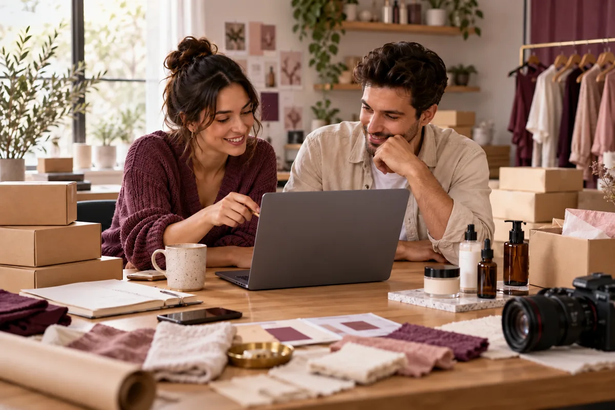 Illustrative ecommerce founders planning their store in a product studio