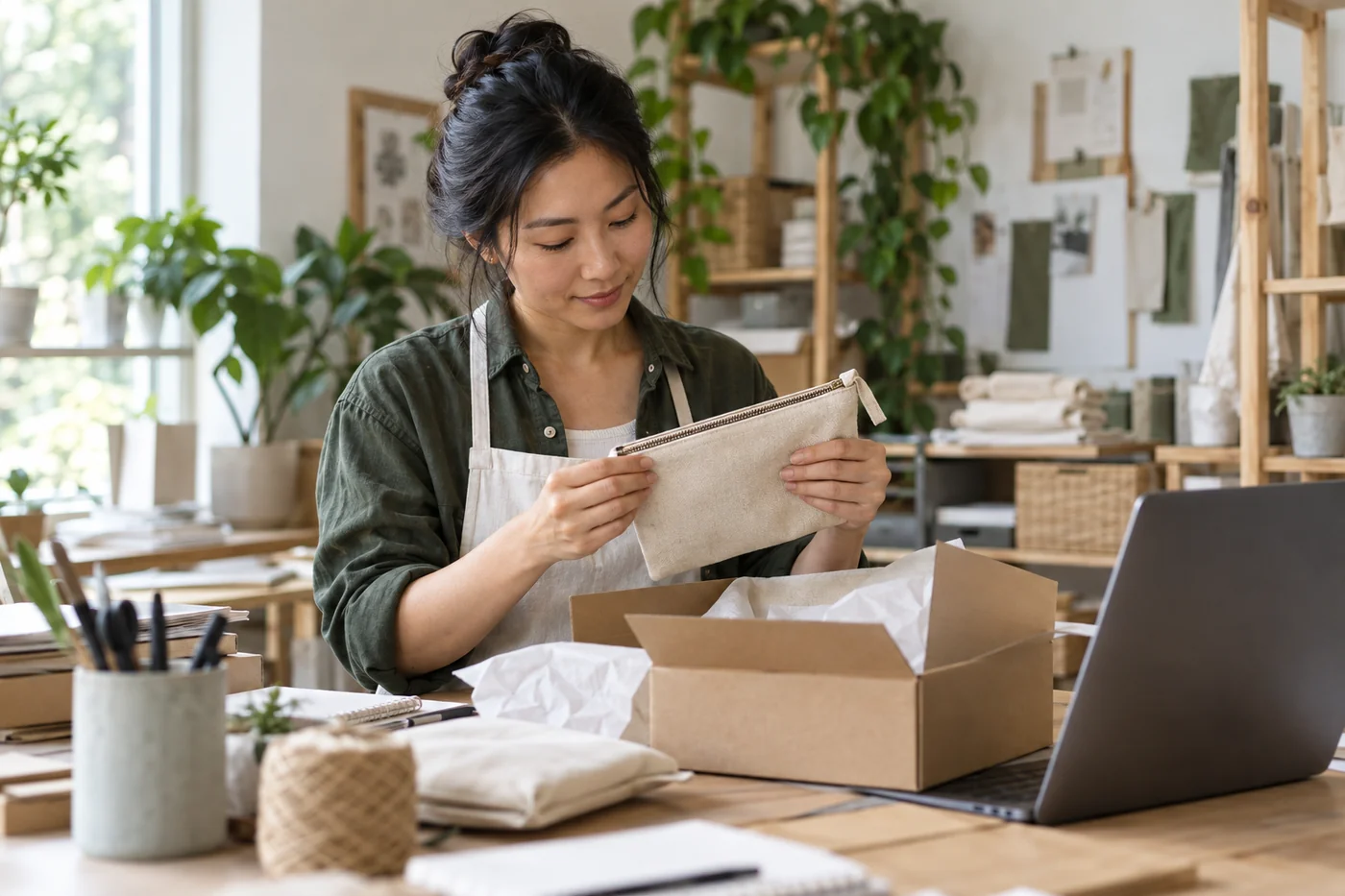 A small store owner checking product details at a packing workbench.