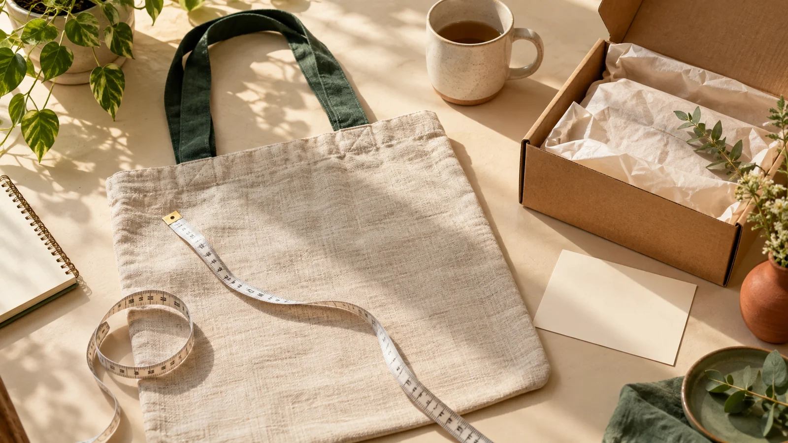 A linen tote with a measuring tape beside a packing box and blank information card.