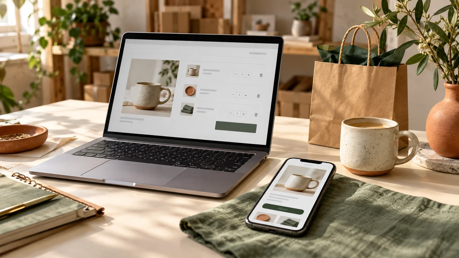 AI-generated editorial scene of a laptop shopping cart and a mobile recovery email beside a ceramic mug and kraft bag.